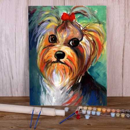 Yorkshire Coquin au Nœud Rouge : Style Artistique Peinture Par Numéros Chiens