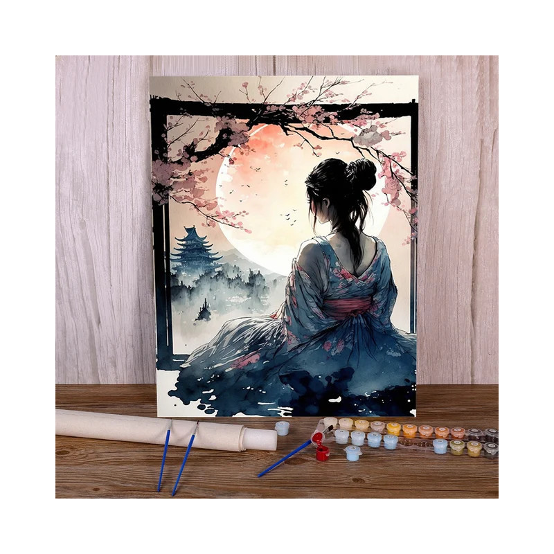 Résultat final de la peinture par numéro Geisha sous la lune