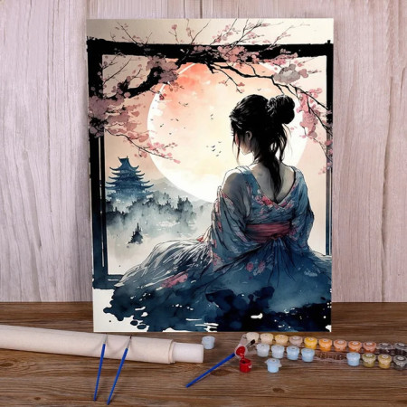 Geisha sous la Lune et Cerisiers Peinture par Numéro Femmes