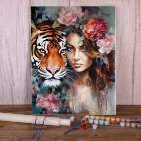 Symbiose Florale (Femme & Tigre) Peinture par Numéro Femmes