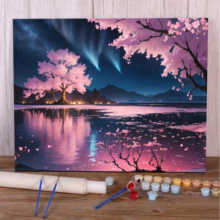 Sakura Nocturne au bord du Lac Peinture par Numéro Paysages