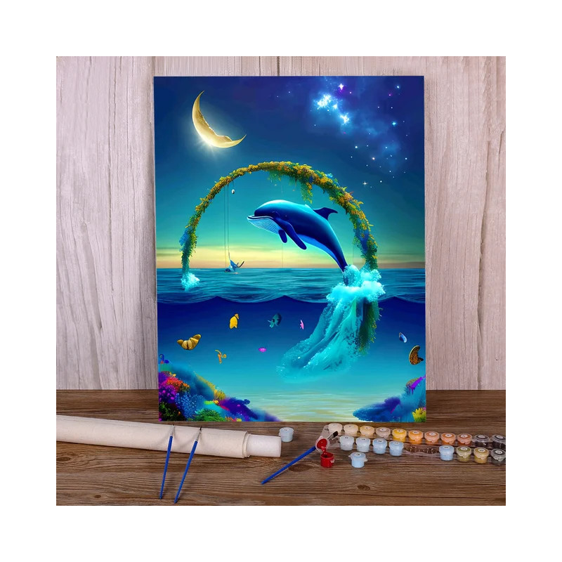 Resultat final du tableau Dauphin au Clair de Lune Toile de Rêve Marin