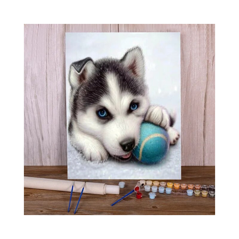 Resultat final du tableau Chiot Husky Joueur à la Balle Bleue