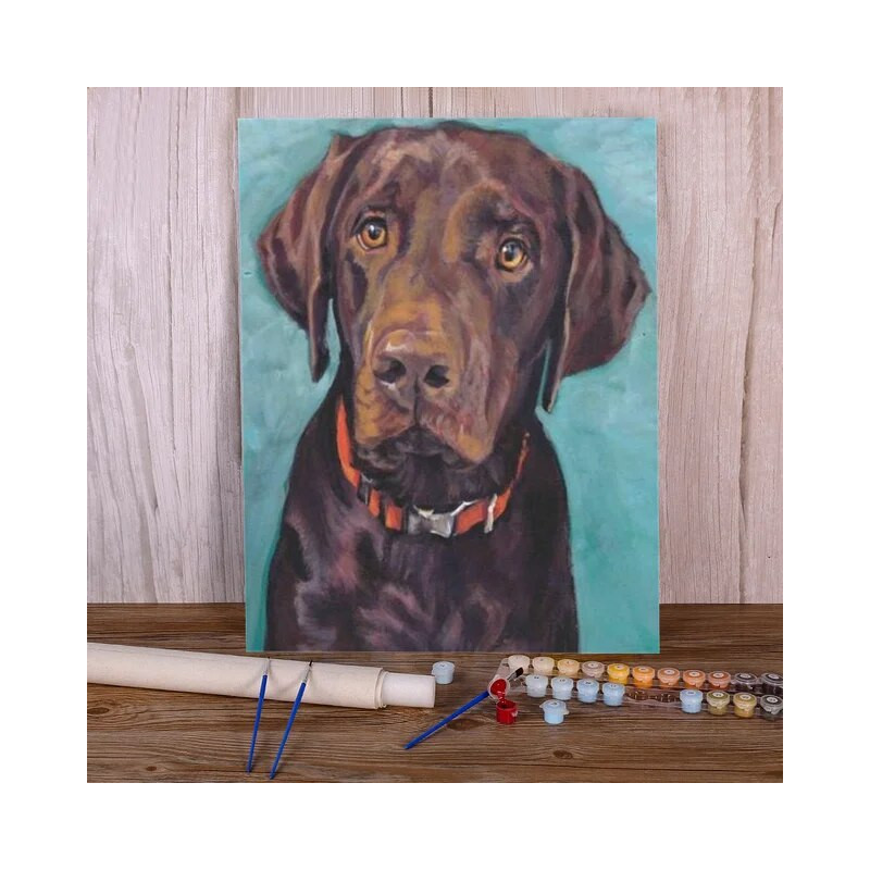 Aperçu final du tableau Labrador Chocolat au collier orange.