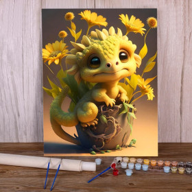 Bébé Lézard Soleil Créature Fantastique Fleurs Jaunes Peinture par Numéro Enfants