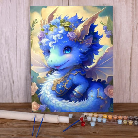 Bébé Dragon Bleu Elfique Créature Fantastique Féerique Peinture par Numéro Enfants