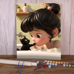 Fillette Brune Salle de Bain et Chat Noir Amusant Peinture par Numéro Enfants