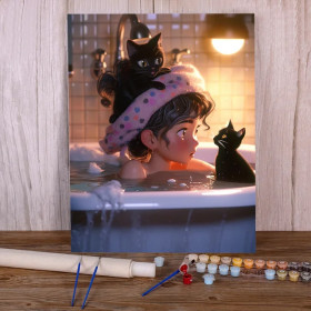 Jeune Fille Chats Noirs Bain Moussant Ambiance Cosy Peinture par Numéro Enfants