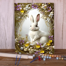 Lapin Blanc Entourage Fleuri Couronne Végétale Printemps Peinture par Numéro Enfants
