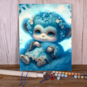 Adorable Bébé Singe Bleu Couronne Florale Nuages Douceur Peinture par Numéro Enfants