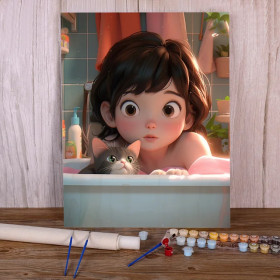 Petite Fille Chat Bain Moussant Moment Complice Peinture par Numéro Enfants