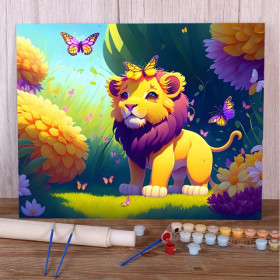 Lion Mignon Papillons Prairie Fleurie Fantaisie Naïve Peinture par Numéro Enfants