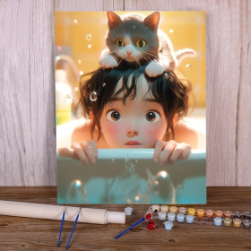 Fillette Curieuse et Son Chat Complice Peinture par Numéro Enfants