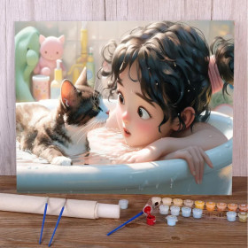 Enfant bain bulle chat compagnon détente Peinture par Numéro Enfants