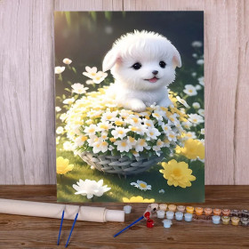 Chiot fleurs jardin printemps mignon Peinture par Numéro Enfants