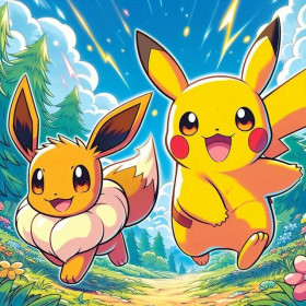 Pikachu et Évoli : Course Joyeuse dans la Nature Peinture par Numéro Pokémon