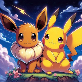 Pikachu et Évoli sous la Nuit Étoilée Peinture par Numéro Pokémon