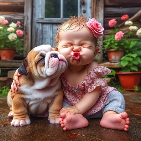 Complicité : Le Bébé et son Bulldog Peinture par Numéro Humoristique