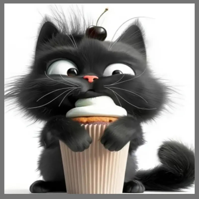 Résultat final de la peinture par numéro chat noir kawaii cupcake