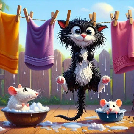 Chat Mouillé & Souris Malicieuses Peinture par Numéro Humoristique