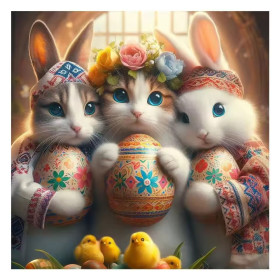 Chat et Lapins de Pâques : Le Trio aux Œufs Décorés Peinture par Numéro Pâques