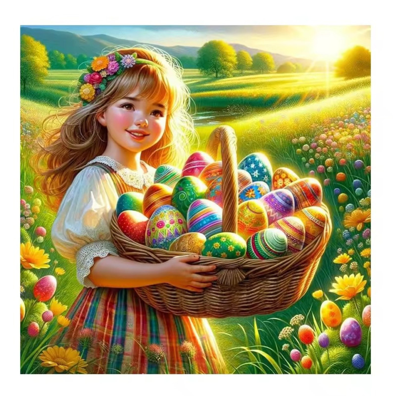 Résultat final de la peinture petite fille et panier d'œufs.