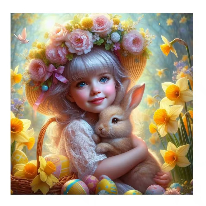 Résultat final de la peinture jeune fille au lapin et jonquilles.