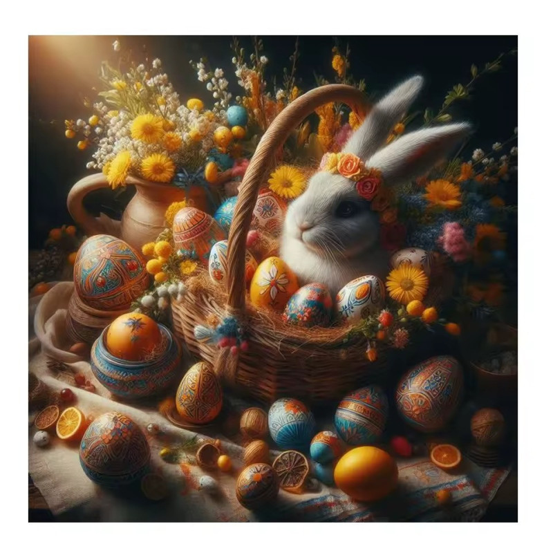 Résultat final de la peinture lapin et panier d'œufs.