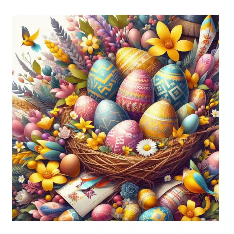 Résultat final de la peinture panier d'œufs de Pâques et oiseaux.