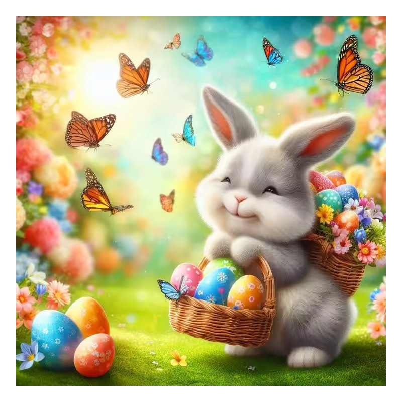 Résultat final de la peinture de lapin et paniers d'œufs.
