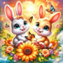 Duo de Lapins Heureux au Jardin de Papillons Peinture par Numéro Pâques