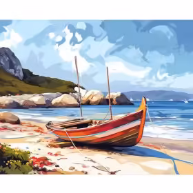 Barque Rouge sur Plage Méditerranéenne Peinture par Numéro Bateaux