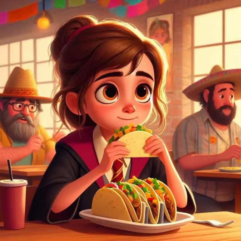Résultat final de la peinture Hermione dégustant des tacos.