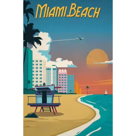 Miami Beach : Coucher de Soleil et Style Art Déco Peinture Numéro Affiche Vintage