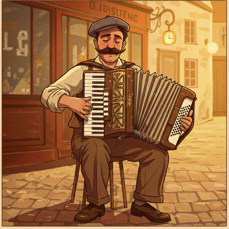 Résultat final de la peinture de l'accordéoniste dans le vieux Paris.