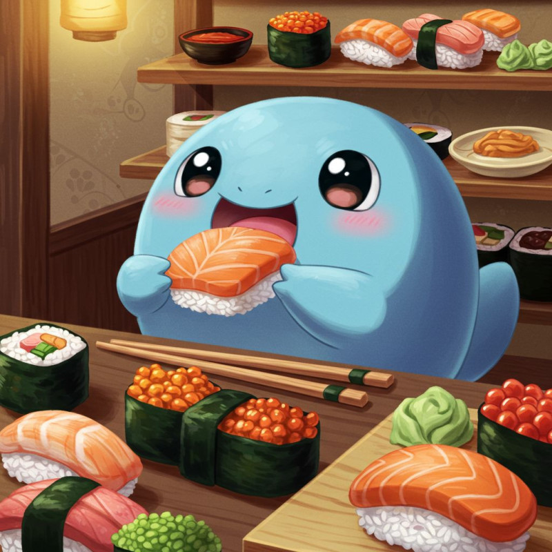 Résultat final de la peinture Petit Monstre Bleu sushi kawaii.