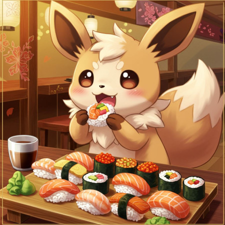 Évoli et ses Sushis : Le Festin Kawaii Peinture par Numéro Pokémon