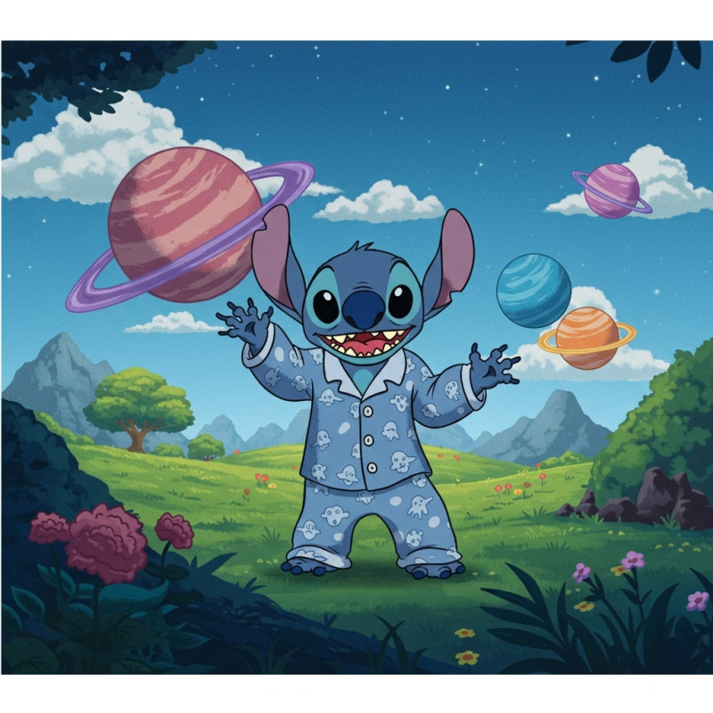 Résultat final de la peinture par numéro Stitch en pyjama galactique