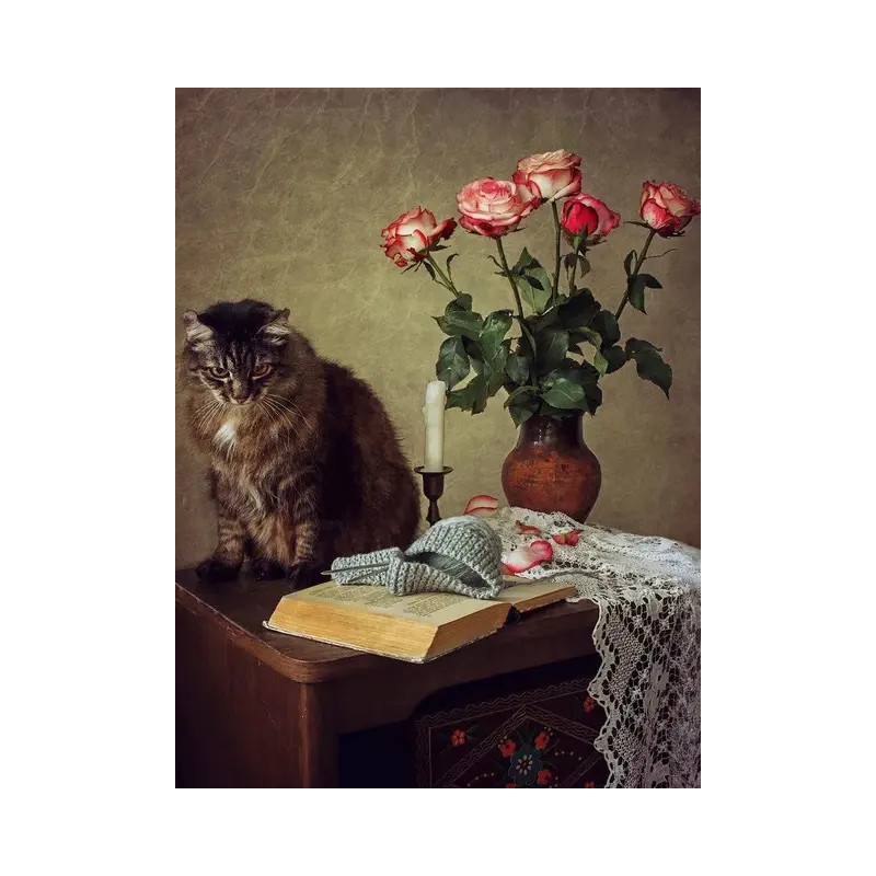 Résultat final de la peinture de chat persan et roses.