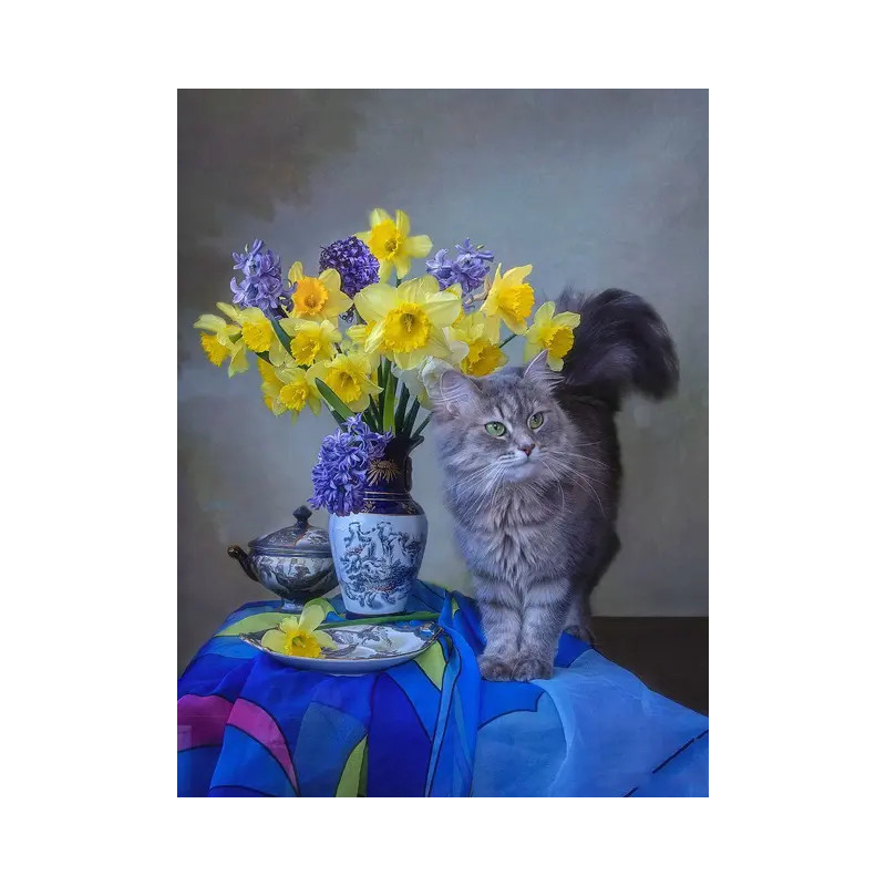 Resultat final du tableau Chat Persan Curieux et Bouquet de Printemps | Kit DIY Joyeux et Ludique