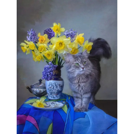 Chat Persan Curieux et Bouquet de Printemps | Kit DIY Joyeux et Ludique Peinture Par Numéro Chats