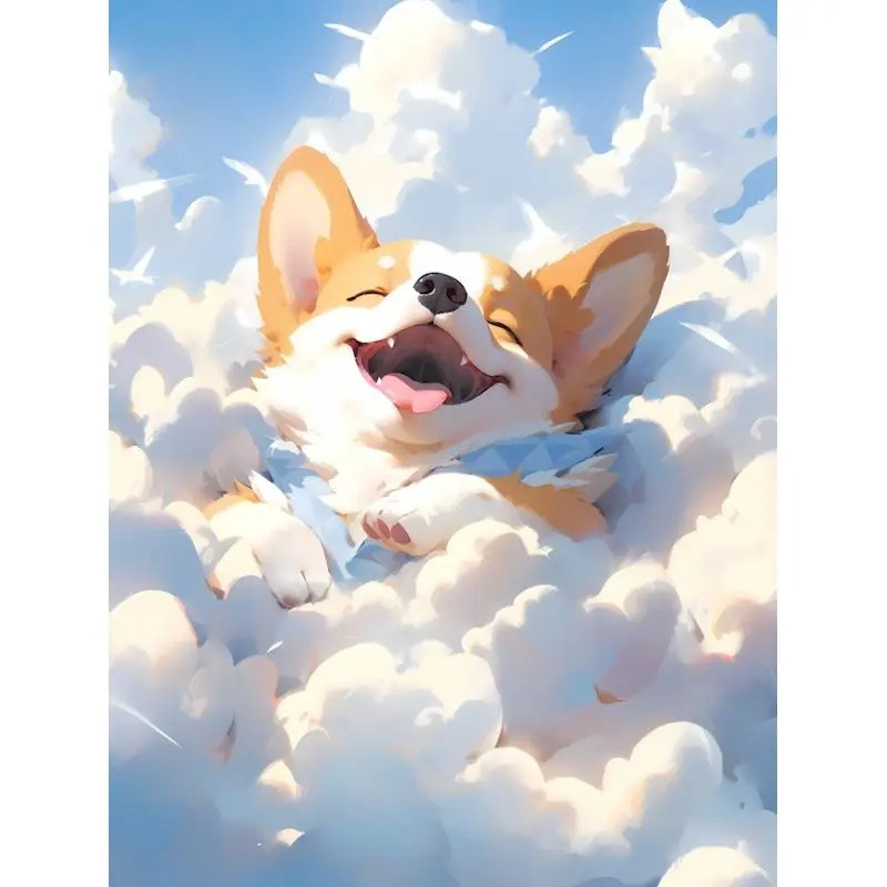 Résultat final du tableau Corgi souriant dans les nuages.
