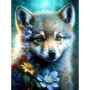 Louveteau aux Yeux de Cristal et Fleurs d'Été Peinture par Numéro Loup