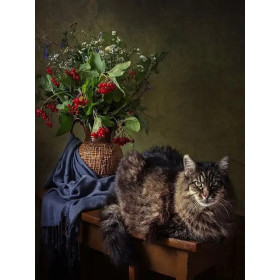 Kit Chat Angora et Bouquet Vintage | Tableau DIY Chic et Élégant Peinture Par Numéro Chats