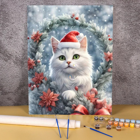 Le Chat Blanc dans sa Couronne de Noël Peinture par Numéro Noël