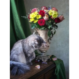 Kit Chat Persan et Bouquet Multicolore Peinture Par Numéro Chats