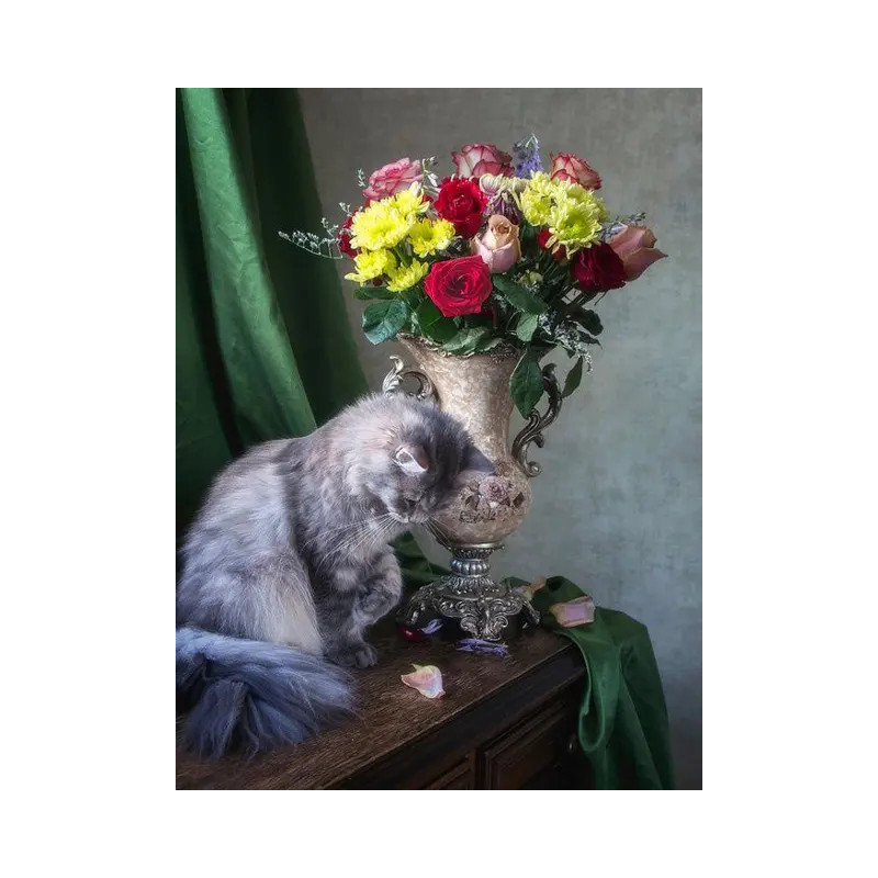 Resultat final du tableau Kit Chat Persan et Bouquet Multicolore