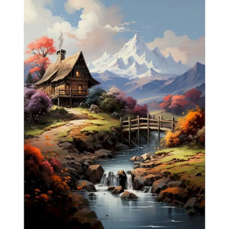 Chalet de Montagne Le Torrent Alpin Peinture par numero automne