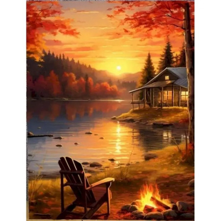 Chalet d'Automne Soirée au coin du Feu Peinture par numero automne