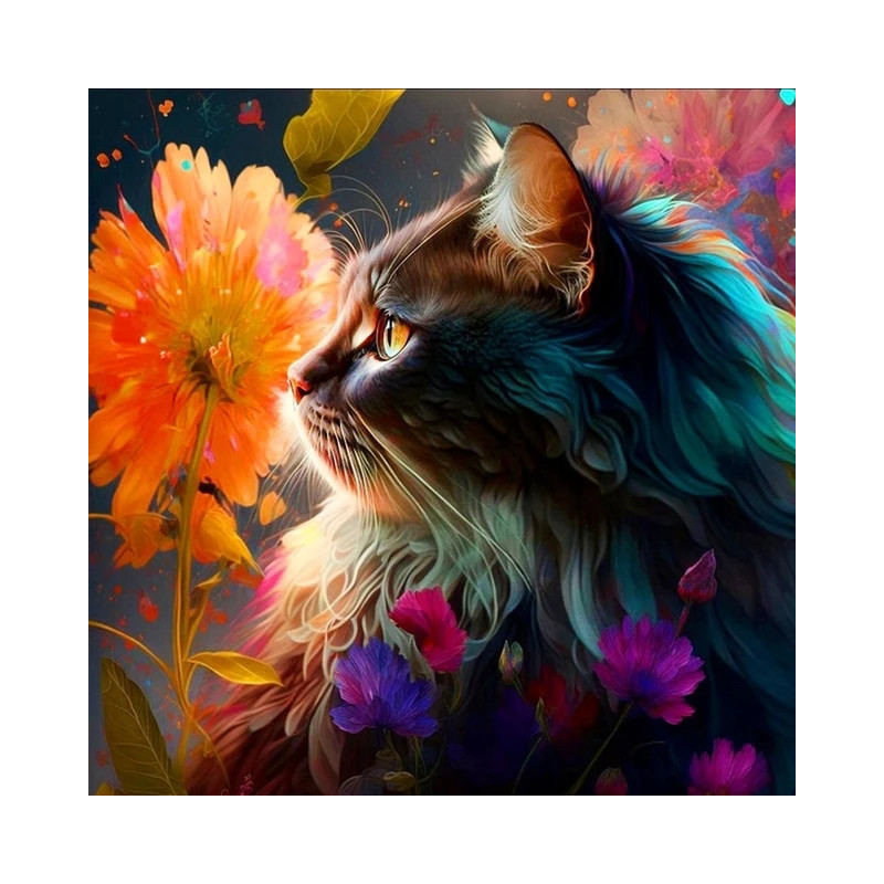 Resultat final du tableau Chat Fleuri Tableau Félin Enchanteur